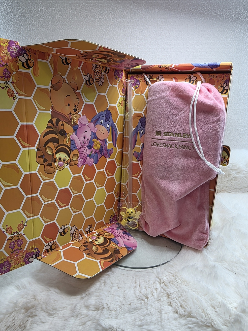 Stanley Pink Travel Thermos with LoveShackFancy Drawstring Pouch